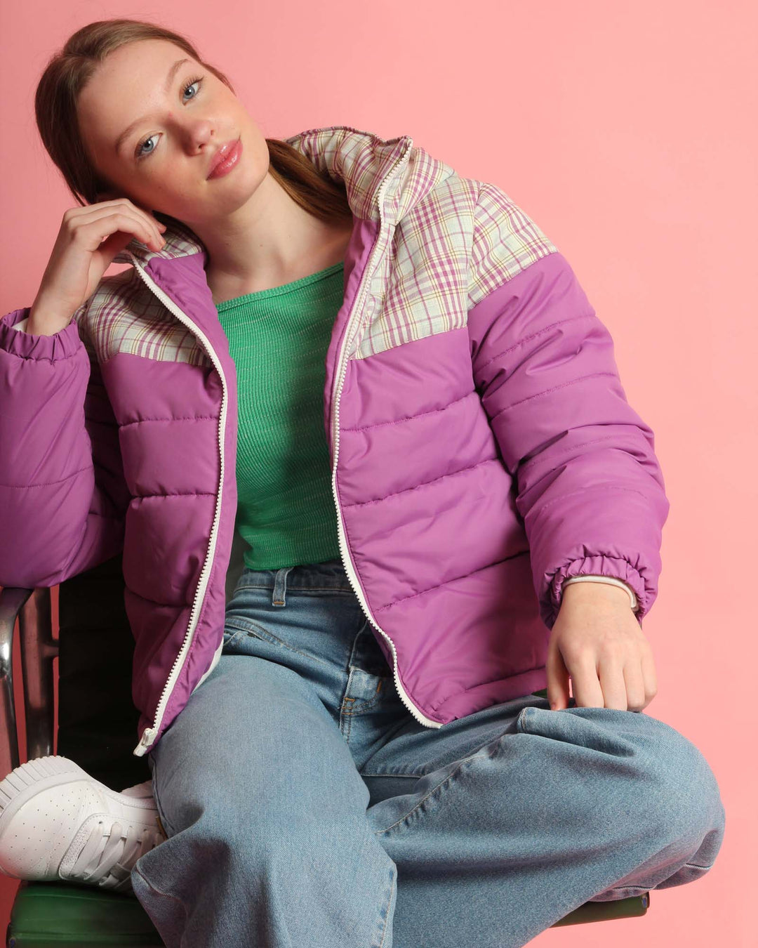 Tess Check Puffer Jacket - Purple – Gelati Jeans