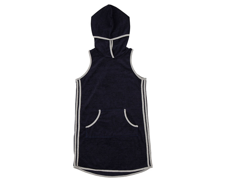 navy towelling dress with hood and contrast stripe