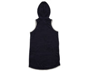 french terry towelling dress in navy with hood and contrasting stripes
