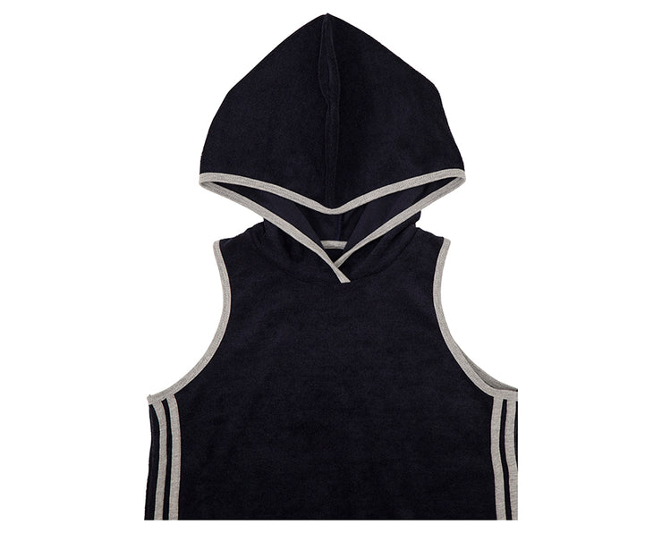 french terry towelling dress in navy with hood and contrasting stripes