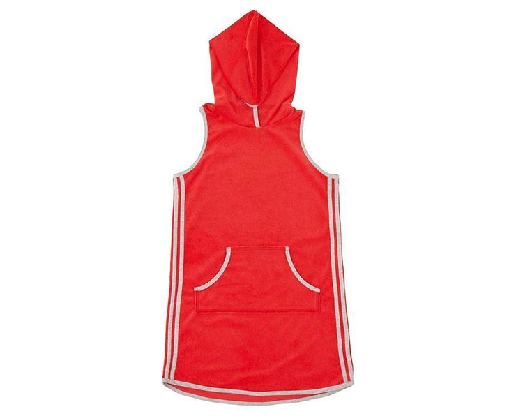 teen girl red french terry towelling dress with hoodie and contrast grey