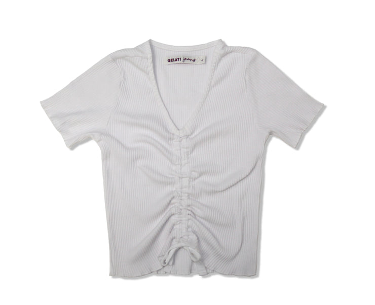 ribbed white top with front drawstring detail for young girls