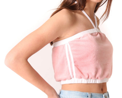 teen girls contrasting pink and white french terry towelling halter neck crop top