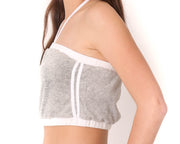 teenage girl halter neck crop top in grey french terry towelling with contrasting white 