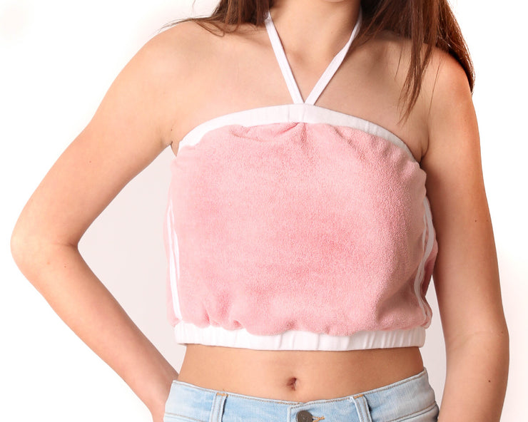 teenage girls halter neck crop top in pink french terry towelling with contrasting white