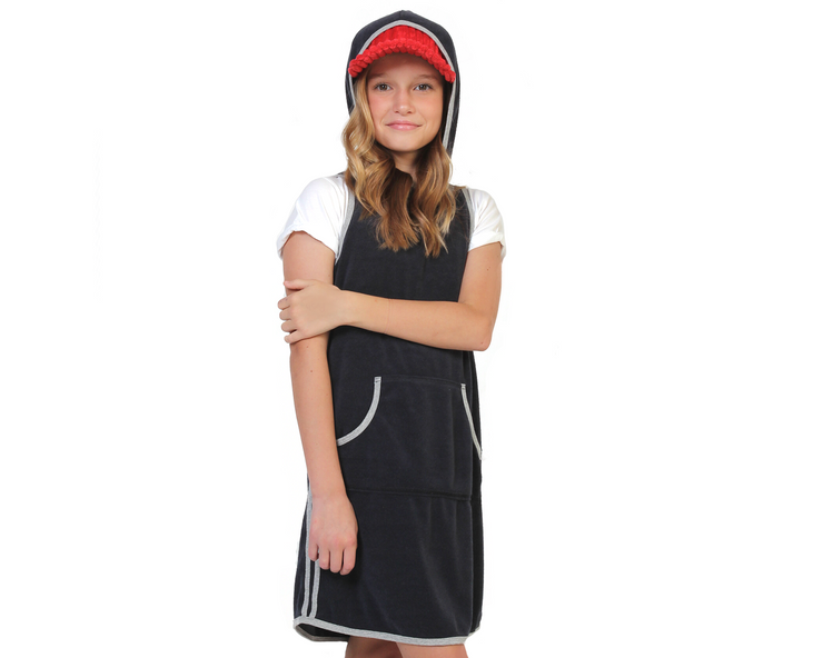 teen girl wearing navy french terry hood dress